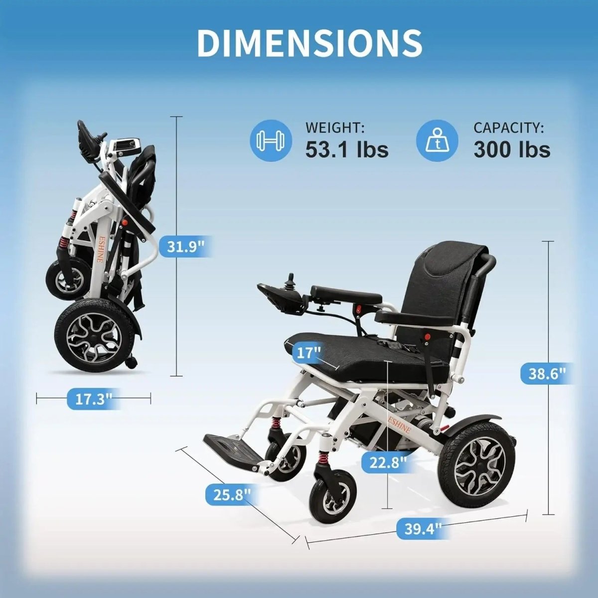 17" Seat Electric Wheelchair with 15 Miles Range - EshineSleep