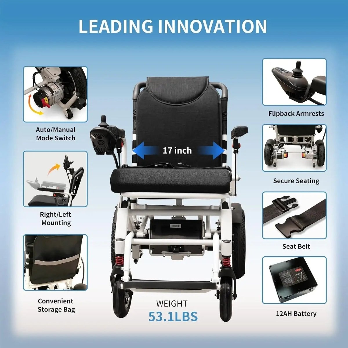 17" Seat Electric Wheelchair with 15 Miles Range - EshineSleep
