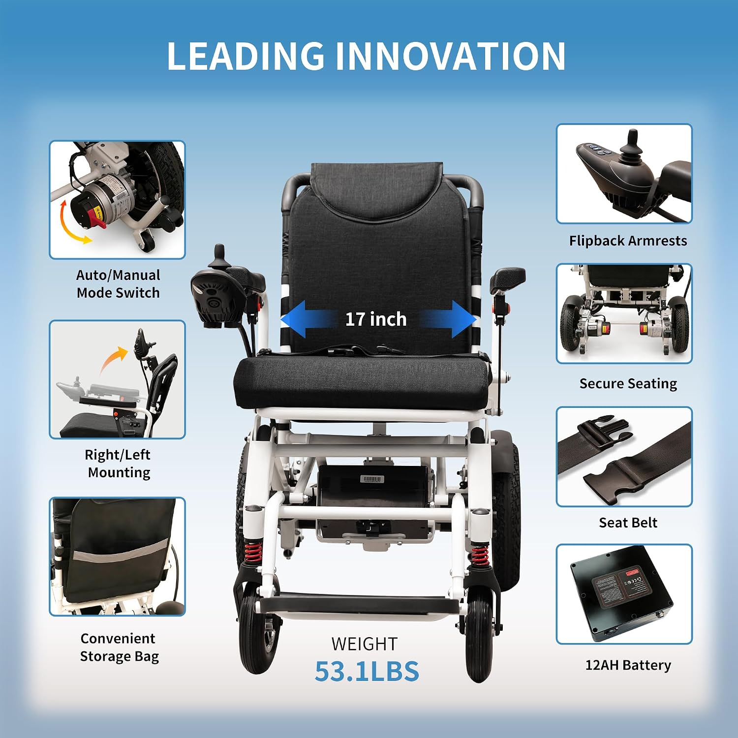 17" Seat Electric Wheelchair with 15 Miles Range